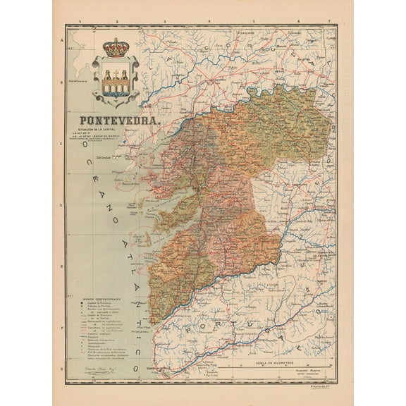 Historic Map - Pontevedra Spain - Martin 1911 - Vintage Wall Art