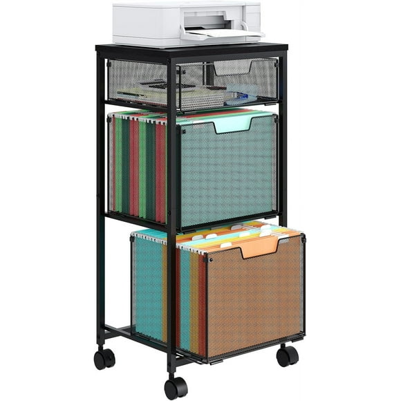 3 Drawer Mobile File Cabinet for Home Office, Rolling Filing Cabinet on Lockable Wheels, Hanging File Folders Organizer, Utility Cart Storage and Organizer, Printer Stand, Black