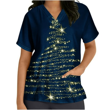 

Ozmmyan Womens Tops Scrubs for Women Short Sleeve V-neck Scrubs Tops Working Uniform Printed with Two Pockets Blouse Nursing Uniform Saving Clearance