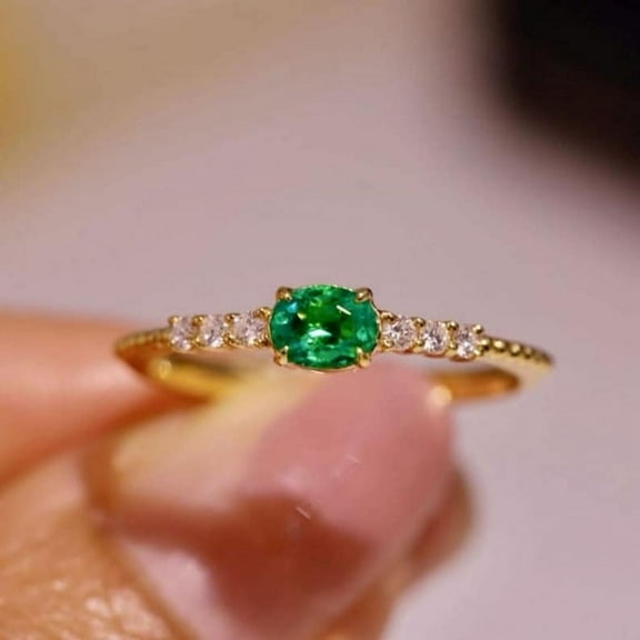 14k Solid Gold Ring Genuine Emerald Ring Dainty Oval Cut Emerald Ring Moissanite Accented Wedding Ring Natural Emerald Ring Gift For Her