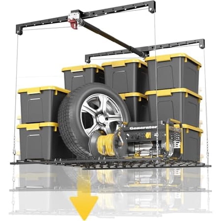 Overhead Garage Storage Rack, 4x4 Ft Adjustable Garage Ceiling Storage Lift, Heavy-Duty Ceiling Mounted Storage Lift System for Garage Organization, 250lbs Weight Capacity