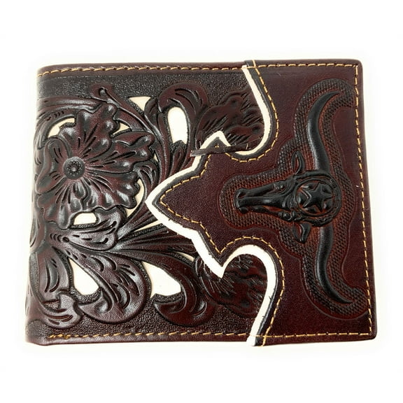 Western Mens Leather Longhorn Floral Tooled Laser Cut Lone Star Short Wallet