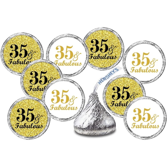 35 & Fabulous Birthday Gold Kisses Stickers, (Set of 216) Chocolate Drops Labels Stickers For Birthday Party, Kisses Party Favors Décor