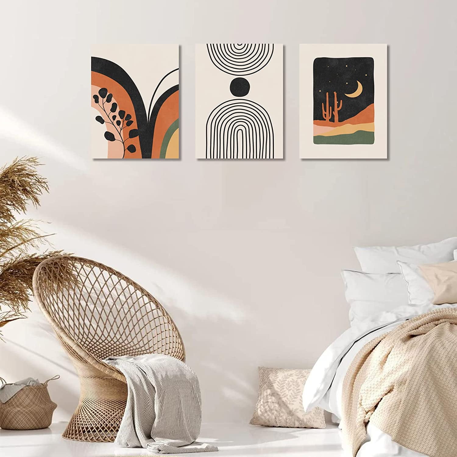 Boho Wall Art, Mid-Century Modern Wall Prints, Minimalist Framed Canvas Paintings Black Beige Orange Moon Plant Desert Geometric Neutral Abstract Artwork Pictures Boho Wall Decor 12"x16"x 3