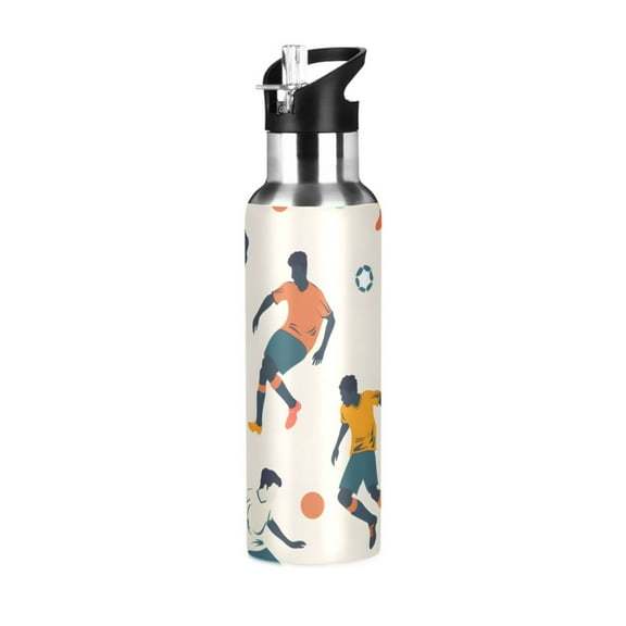 Soccer Players Playing Soccer Sports Bottle with Straw Stainless Steel Water Jug Portable Thermal Cup Leak-proof 600ML
