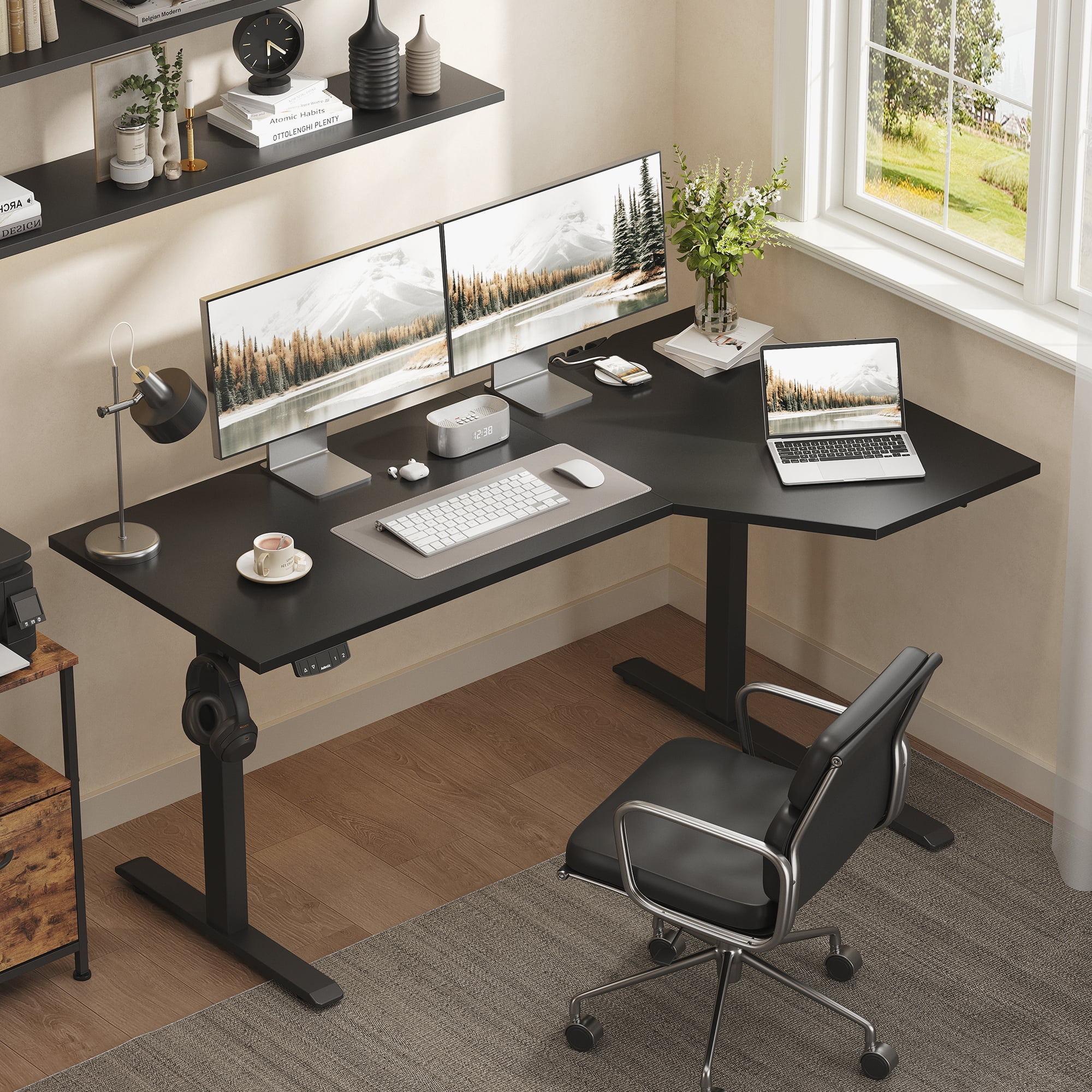 59.1 Inch Electric L-Shaped Height Adjustable Standing Desk, Sit to Stand Corner Desk with Memory Presets and Hooks, Ergonomic Home Office Computer Desk for Workstations, Black