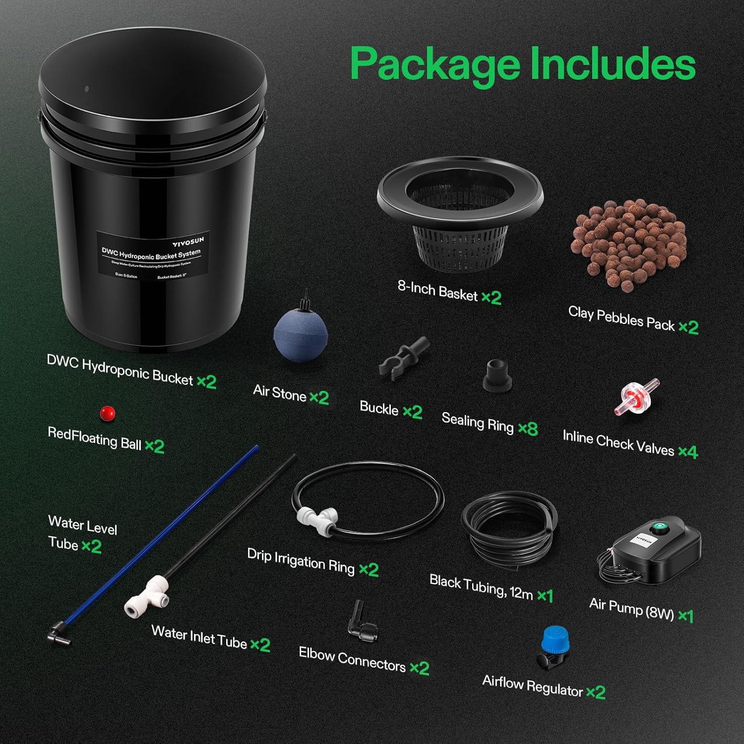 VIVOSUN DWC Hydroponics Grow System with Top Drip Kit, 5-Gallon Deep Water Culture, Recirculating Drip Garden System with Multi-Purpose Air Hose, Air Pump, and Air Stone (2 Buckets + Top Drip Kit)