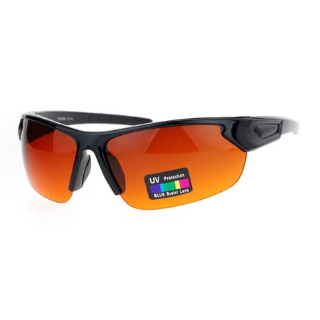 Mens Rectangular Blue Buster Amber Lens HD Half Rim Sport Sunglasses Black