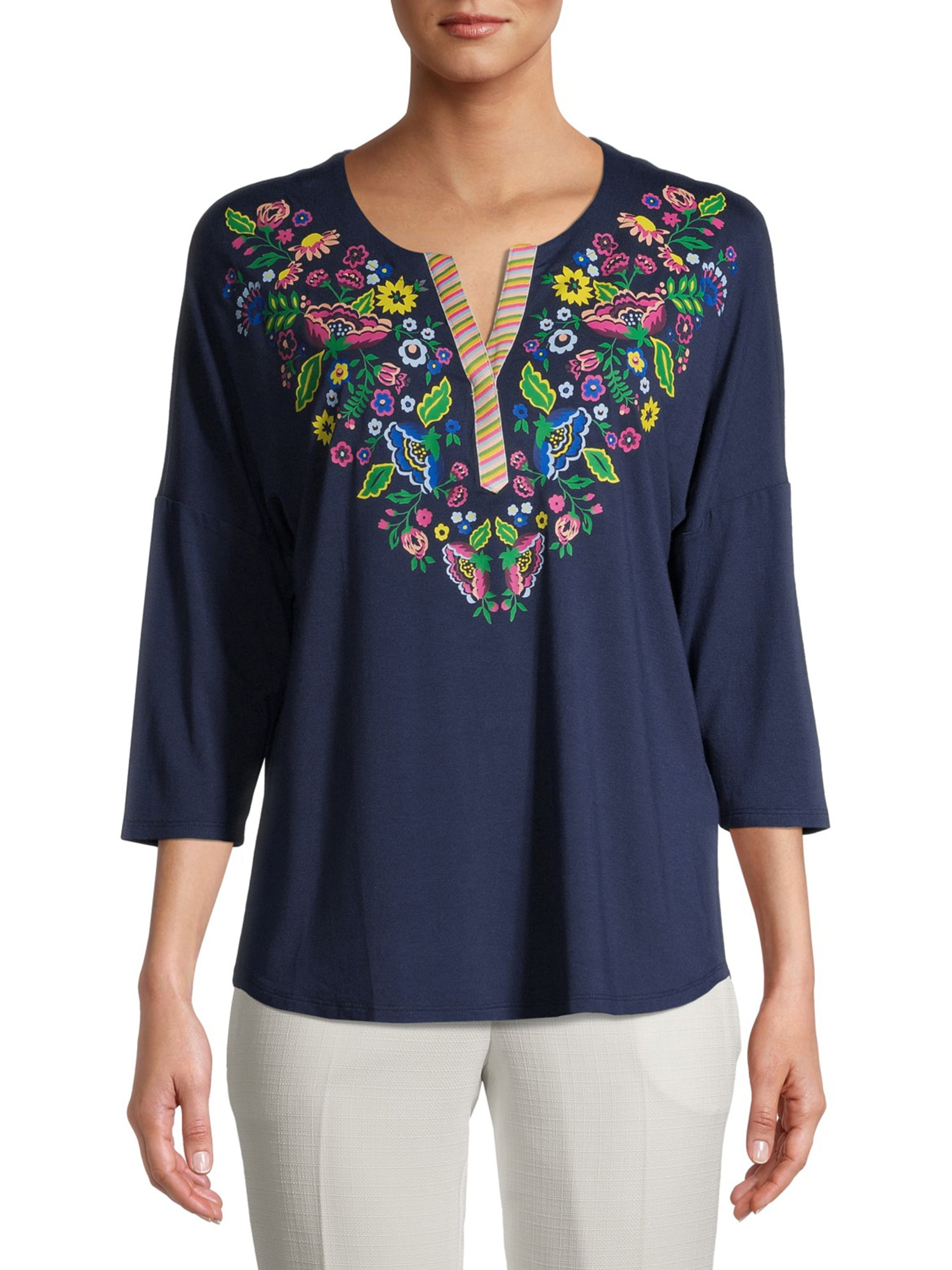 The Pioneer Woman Knit 3/4 Sleeve Embroidered Henley, Womens - Walmart.com