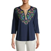 The Pioneer Woman Knit 3/4 Sleeve Embroidered Henley, Womens