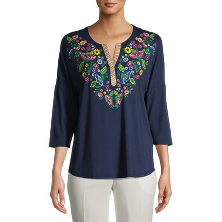 The Pioneer Woman Knit 3/4 Sleeve Embroidered Henley, Womens