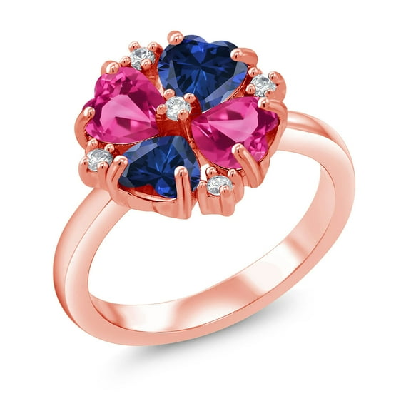 Gem Stone King 18K Rose Gold Plated Silver Pink Created Sapphire and Blue Created Sapphire Ring for Women (2.28 Cttw, Heart Shape 5MM, Gemstone September Birthstone, Size 9)
