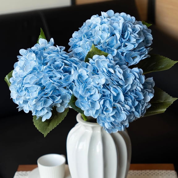 UU&T 3Pcs Hydrangea Artificial Flowers, 20'' Blue Fake Latex Hydrangea with Stems Leaves for Home Wedding Garden Party Decor