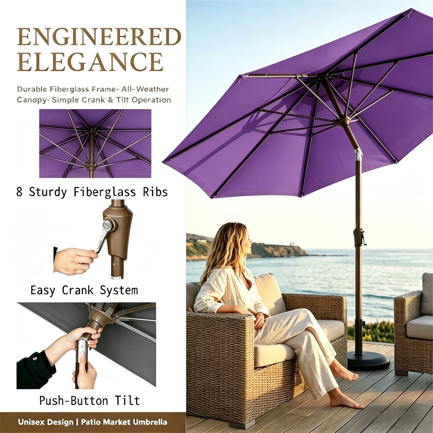 Pipopa 9FT Outdoor Patio Umbrella with Push Button Tiltand Crank, Ourdoor Market Leisure Umbrella for Beach, Garden, Yard, Home, Pool, Purple