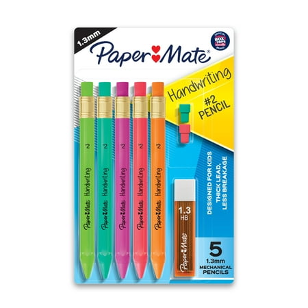 Paper Mate Handwriting Triangular Mechanical Pencils, HB #2 Lead (1.3mm), Fun Barrel Colors, 5 Pencils, 1 Lead Refill Set, 2 Erasers