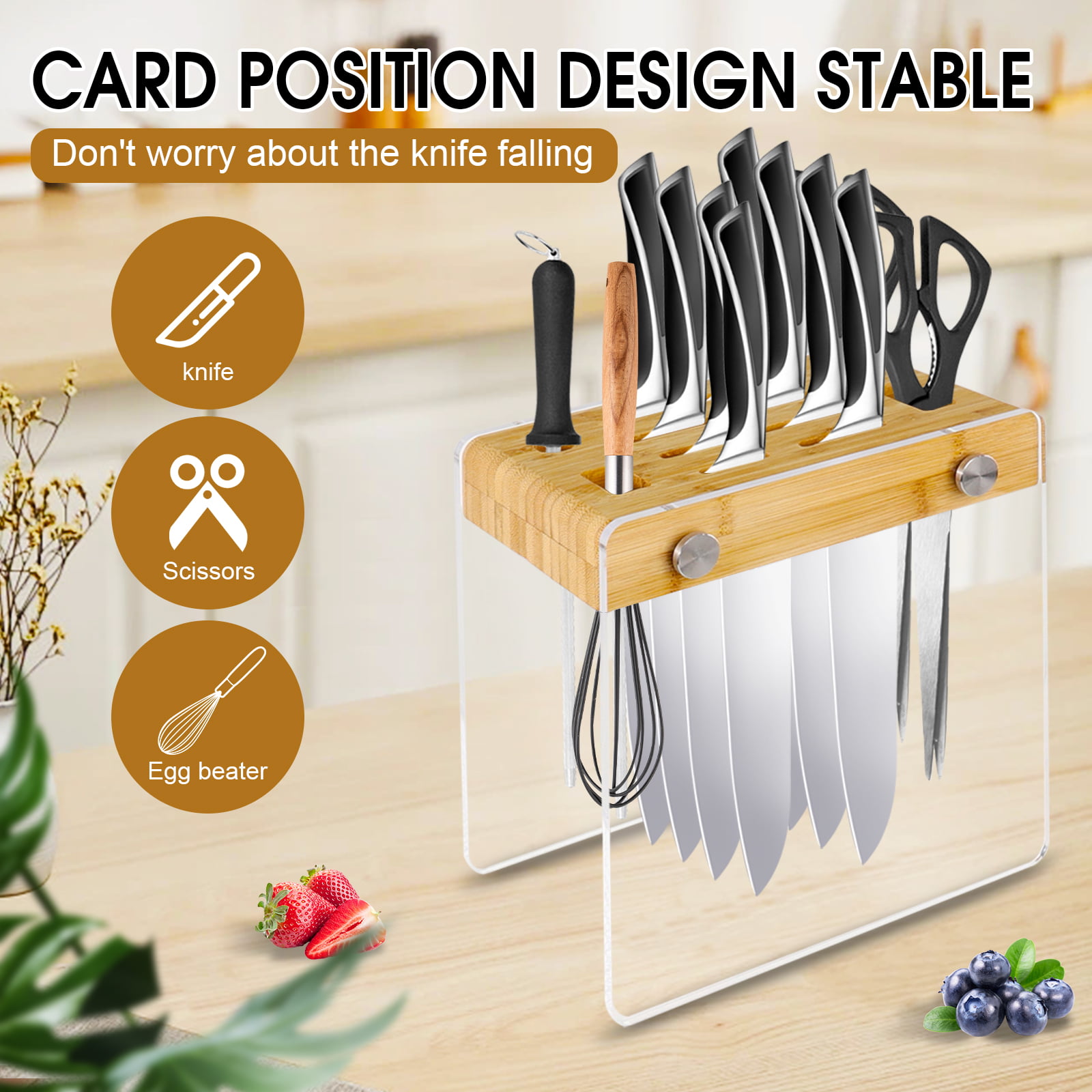 YEOPGYEON Kitchen Knife Holder Block without Knives with Acrylic Stand Wood  Universal Knife Block Wood Kitchen Knife Holder Storage for  Counter(11-Slot) 
