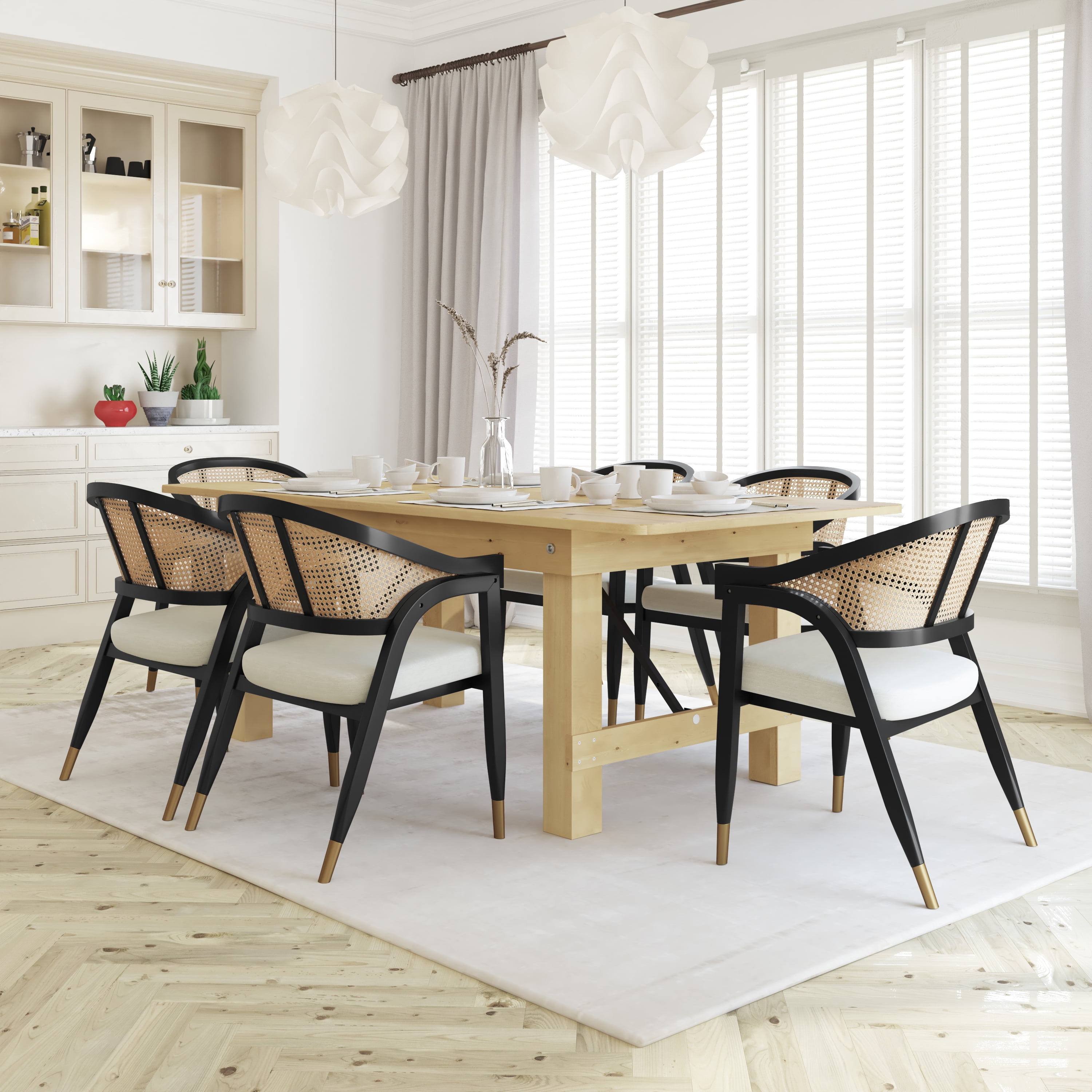 Emma + Oliver Cane Rattan Dining or Accent Chair with Black Solid Wood Frame, Natural Woven Backrest and Beige Cushioned Seat