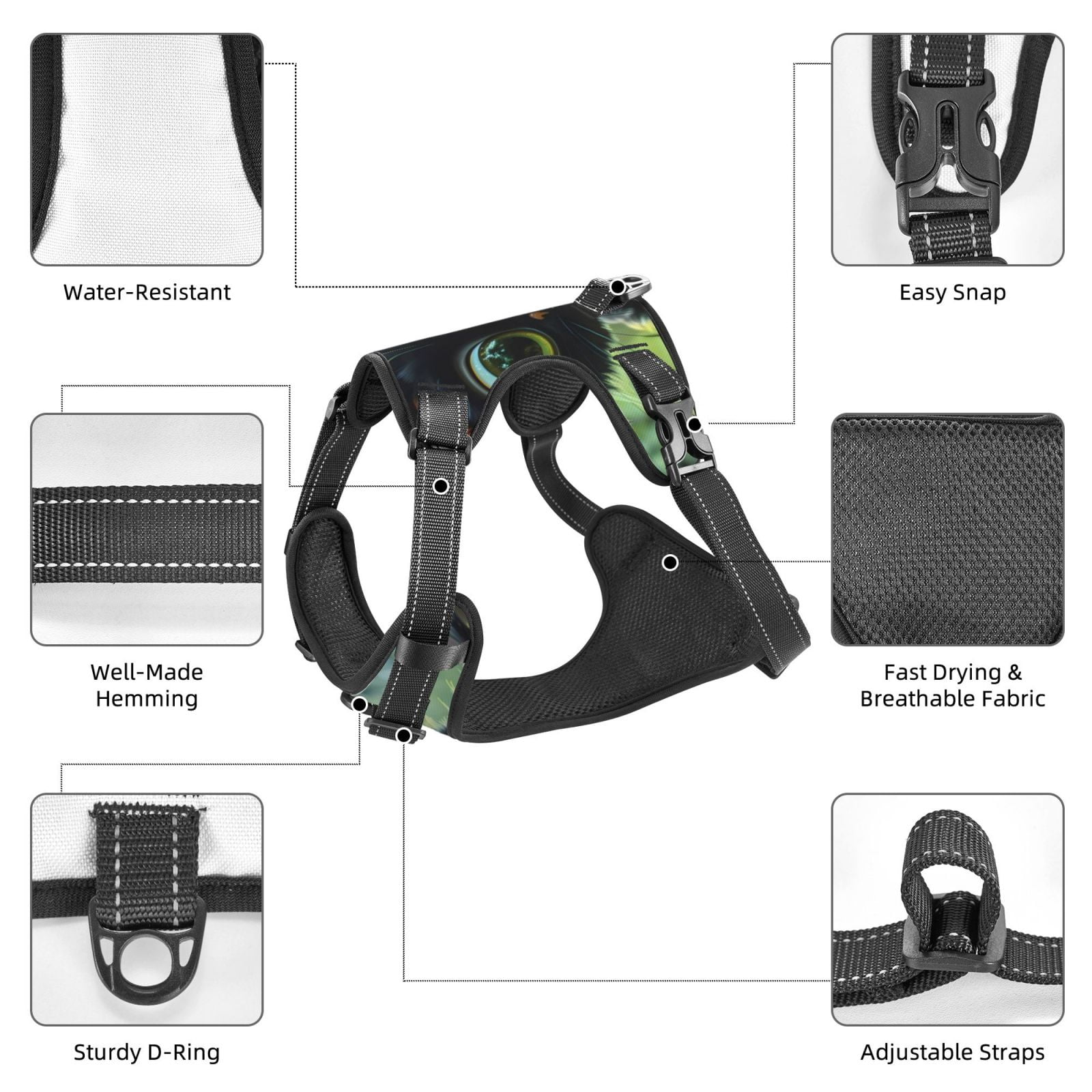 Vsdgher Cute Big-Eyed Black Cat Dog Harness, No-Pull Pet Harness, Dog Vest, Pet Vest for Small to Large Dogs-Small