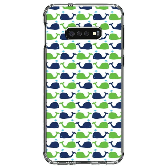 DistinctInk Clear Shockproof Hybrid Case for Samsung Galaxy S10e (5.8" Screen) - TPU Bumper, Acrylic Back, Tempered Glass Screen Protector - Green Navy Cartoon Whales - Cartoon Whales