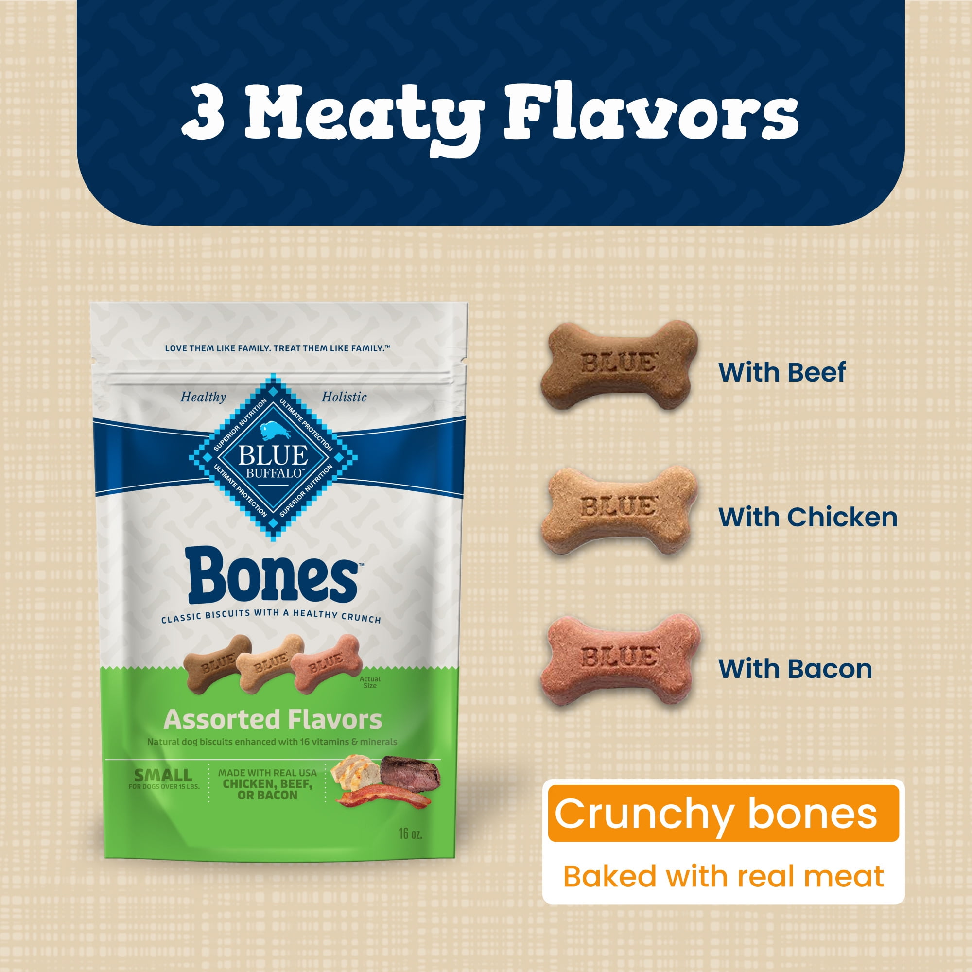 (6 pack) Blue Buffalo Bones Natural Dog Treats, Small Dog Biscuits, Assorted Flavors, 16-oz. Bag