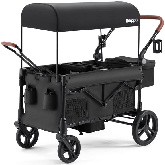 HARPPA Foldable Wagon Stroller for 2 Toddlers with Pull & Push Handle, Canopy, 32.9lbs, Black