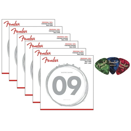 Fender Original 150 Pure Nickel Electric Guitar Strings Wound, Ball End - Light .009-.042 6-Pack Bundle with 3-Pack Picks