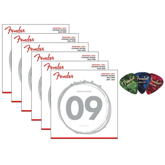 Fender Original 150 Pure Nickel Electric Guitar Strings Wound, Ball End - Light .009-.042 6-Pack Bundle with 3-Pack Picks