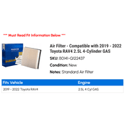 Air Filter - Compatible with 2019 - 2022 Toyota RAV4 2.5L 4-Cylinder GAS 2020 2021