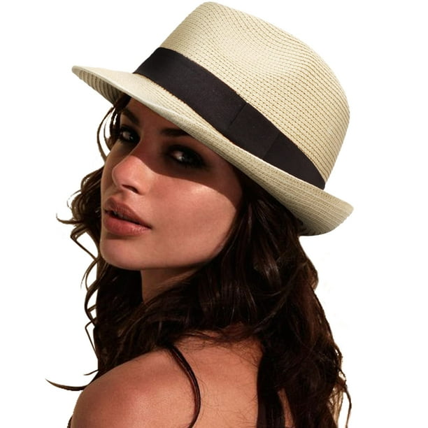 DRESHOW Sombrero panamá de paja para mujer, sombrero de viaje Fedora para playa, sombrero para el sol, sombrero enrollable de paja de ala ancha UPF 50+
