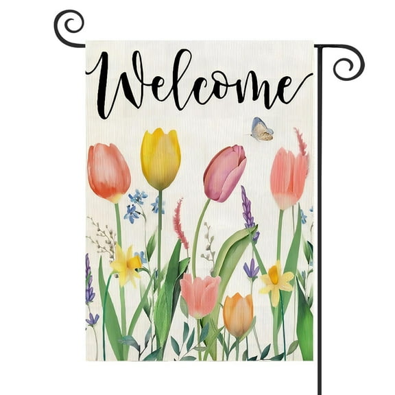 DMERBYL Spring Garden Flag Floral 12x18 Inch Double Sided for Outside Tulips Welcome Burlap Small Yard Holiday Decoration
