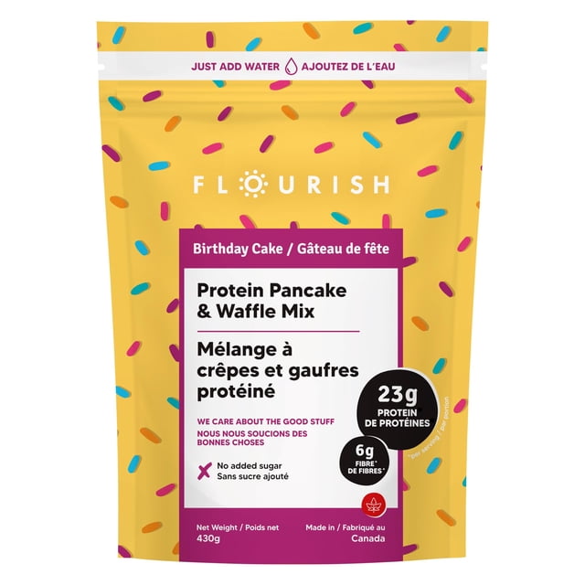 Mezcla proteica para tortitas y gofres Flourish, tarta de cumpleaños, 473 ml