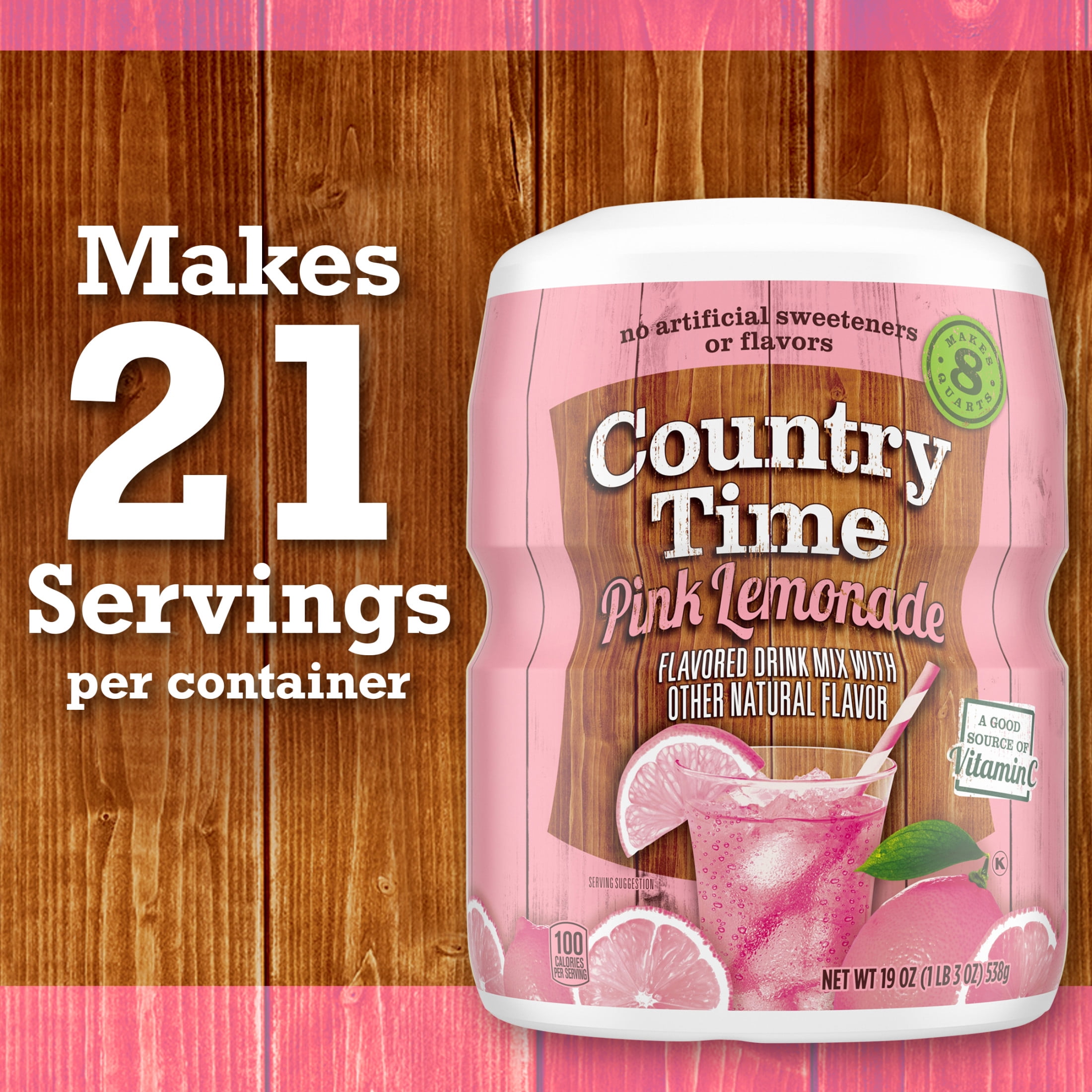 Country Time Pink Lemonade Powdered Drink Mix, 1 Canister, for Flavorful Hydration and Shareable Refreshment, Naturally Flavored with Other Natural Flavor, No Artificial Sweeteners or Flavors, 19 oz