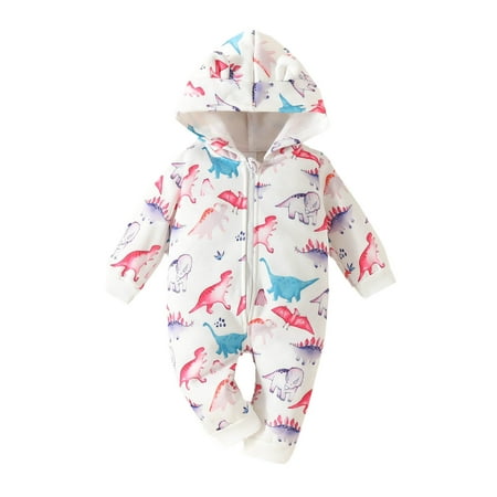 

Bjutir Toddler Boys Girls Bodysuits One-Pieces Long Sleeve Cartoon Dinosaur Prints Hooded Romper Warm Jumpsuit White 9-12 Months