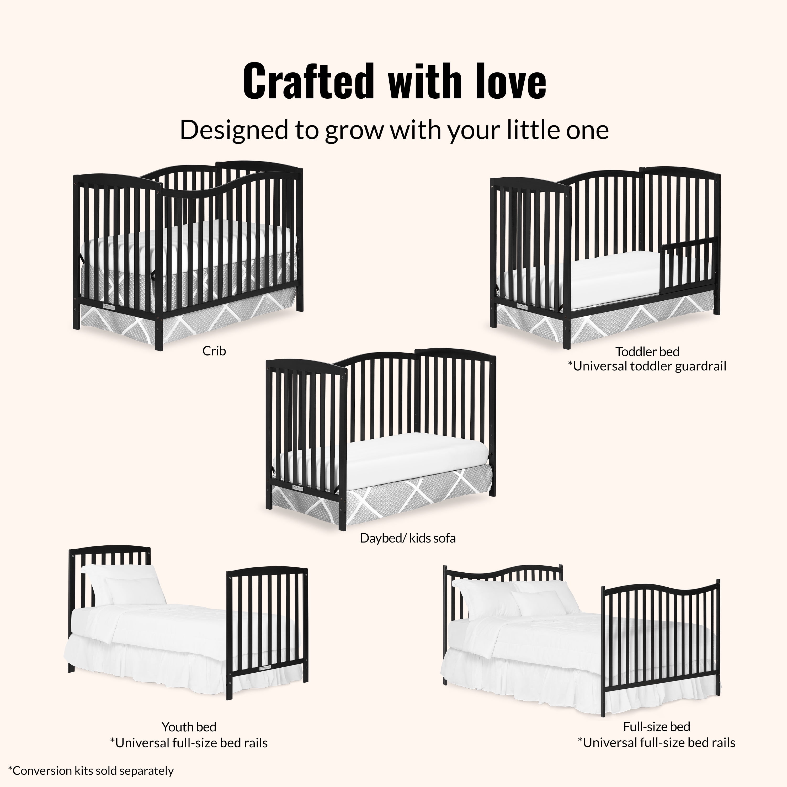 Dream On Me Chelsea 5-in-1 Convertible Crib, JPMA Certified, Black
