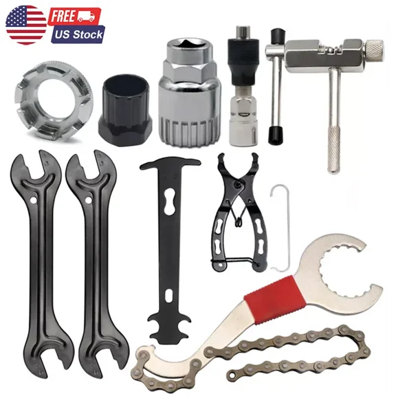 Bike Repair Tool Kit - 9 Pcs Crank Chain Cutter Extractor, Freewheel Puller, Spoke Wrench, Hub Wrenches & More