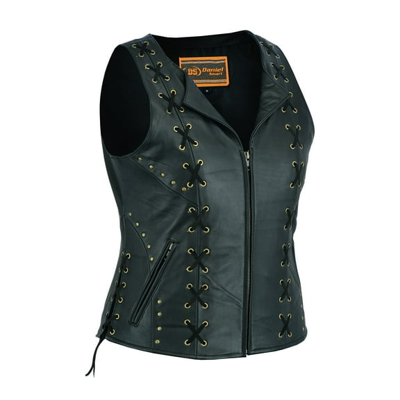 Daniel Smart XS to 5XL Women Leather Vest snap down Leather Vest with Zipper Front Closure, Side Laces