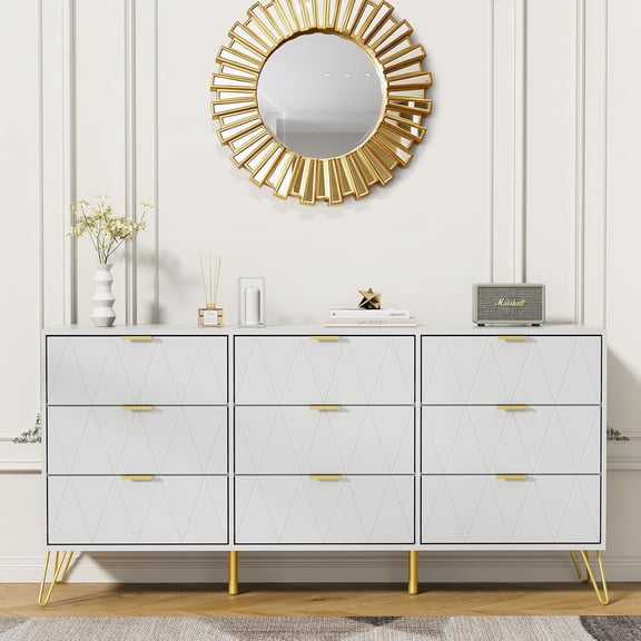 Anbuy White 9 Drawer Dresser for Bedroom with Deep Drawers, Wood Dressers & Chest of Drawers with Gold Handles, Modern Long Dressers for Closet Living Room (White)