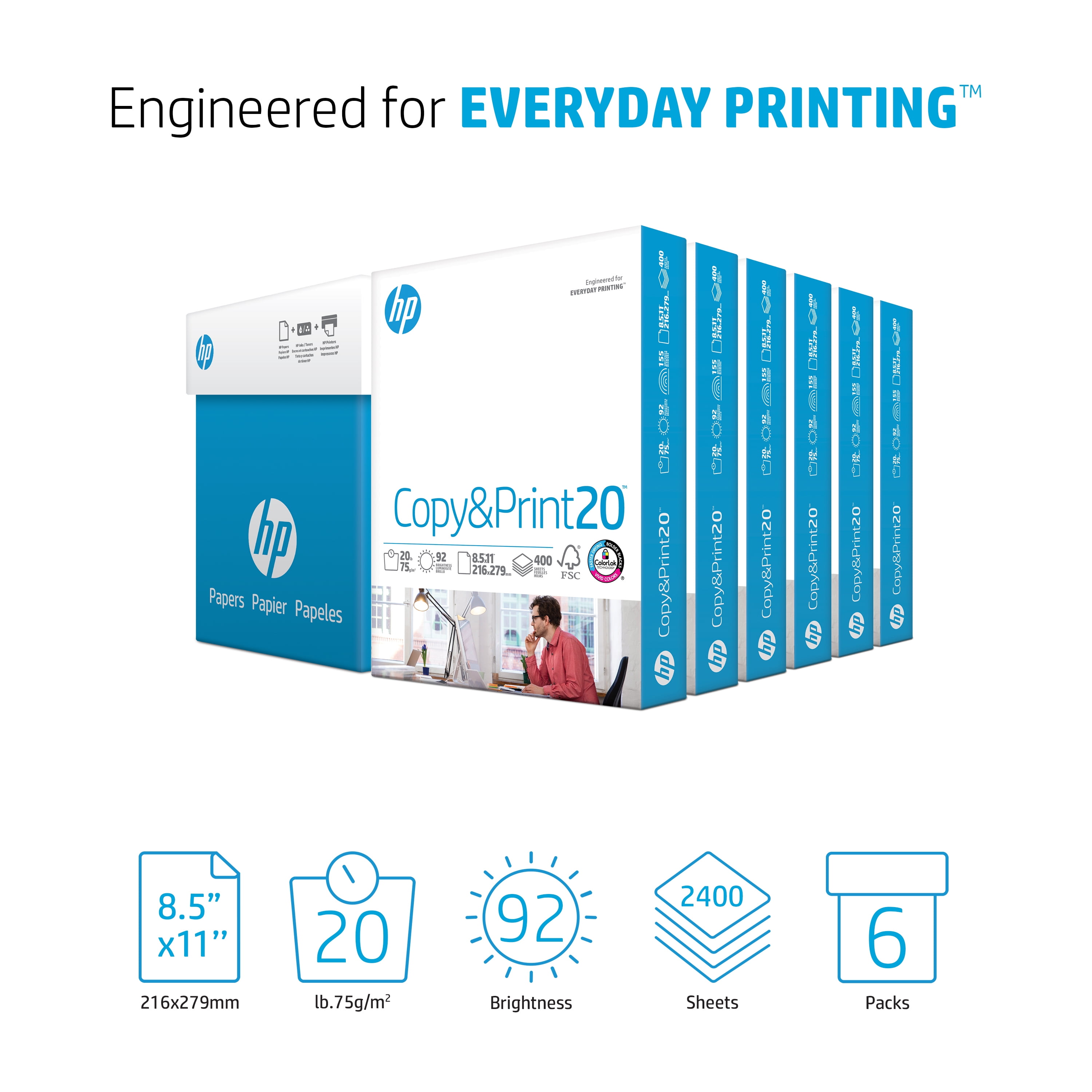 HP Printer Paper - Copy and Print, 20 lb., 8.5" x 11", 2,400 Sheets, 6 Pack, White