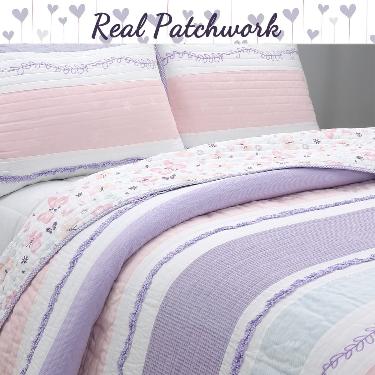Cozy Line Lavender Blue Pink Ruffles Girl Cotton Reversible Quilt Bedding Set (Queen-3 Piece)