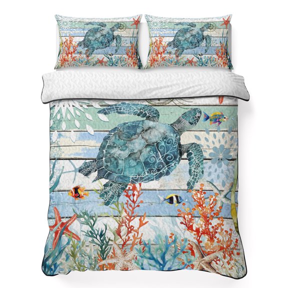 Twin XL Quilt Set, Sea Turtle Starfish Coral Lightweight Quilt Sets Summer Comforter Coverlets with 2 Pillow Shams, Farm Blue Gradient Wood Board Breathable 3 Piece Bedding Set for All Seasons