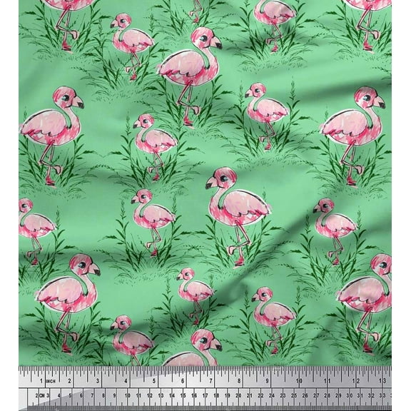 Soimoi Green Cotton Duck Fabric Grass & Flamingo Bird Decor Fabric Printed Yard 42 Inch Wide