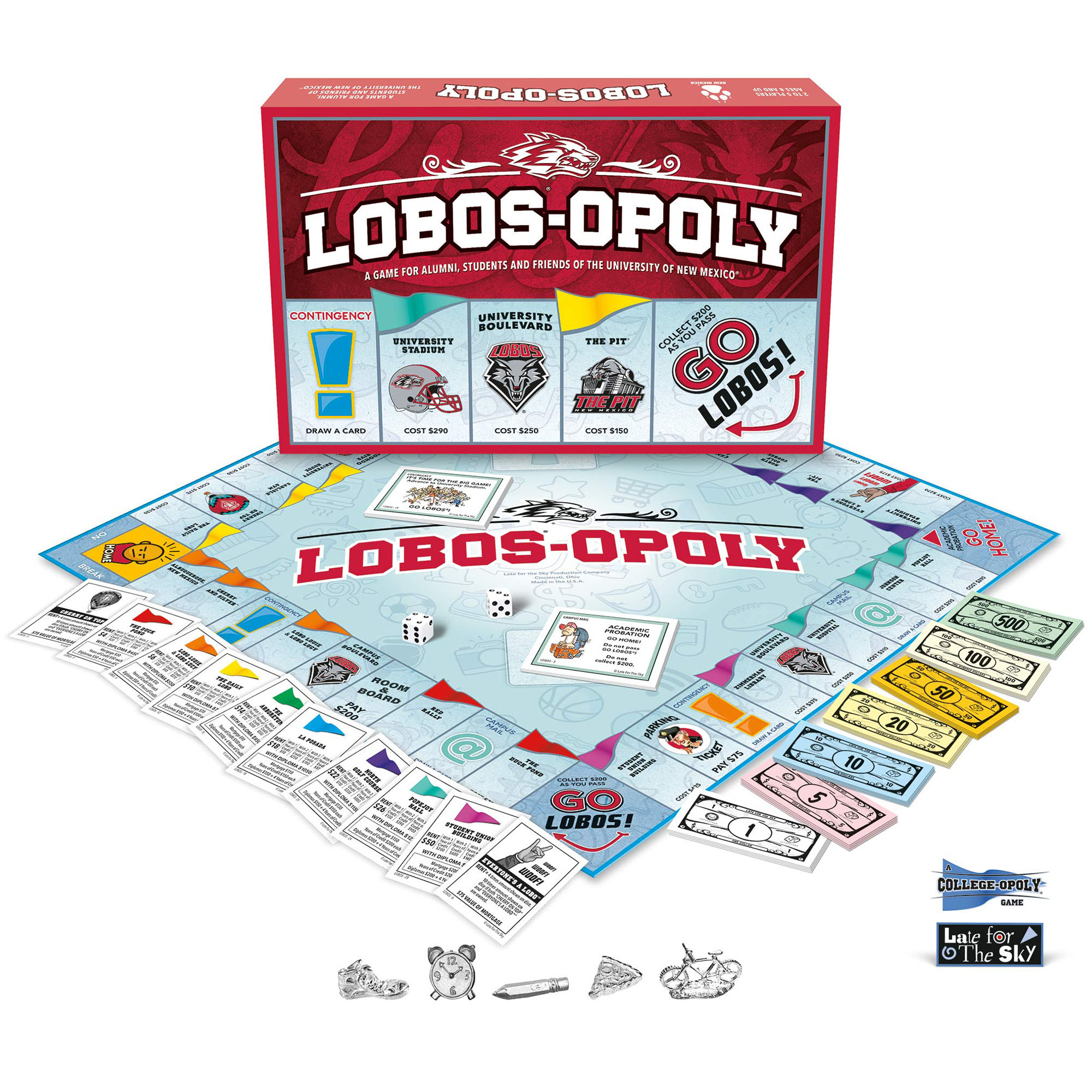 Late For The Sky: Lobos-Opoly - University Of New Mexico Themed Family Board Game, Opoly-Style, Traditional Play Or 1 Hr Version, Ages 8+, 2-6 Players