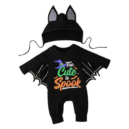 

Honeeladyy Clearance under 10$ Toddler Kids Boys Girls Halloween Fashion Cute Funny Print Bat-sleeve Romper Jumpsuit Hat Suit