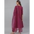 thumbnail image 6 of Jansaya Indian Round Neck 3/4 Sleeve Floral Print Wine Poly Silk A-Line Kurta with Palazzo And Dupatta For Women, 6 of 8