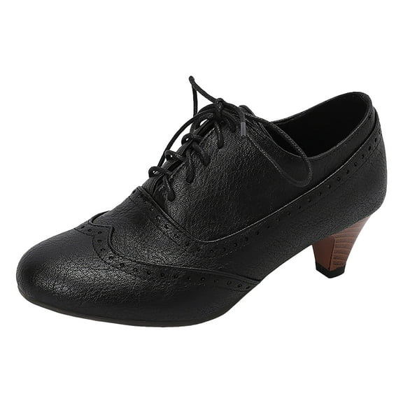 IUJSOY Kitten Heels for Women Vintage Wingtip Pointed Toe Oxfords Lace up Dress Shoes for Work