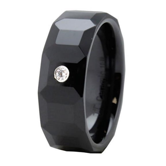 EWC R40039-120 Black Multi-Faceted Ceramic Ring with CZ - Size 12