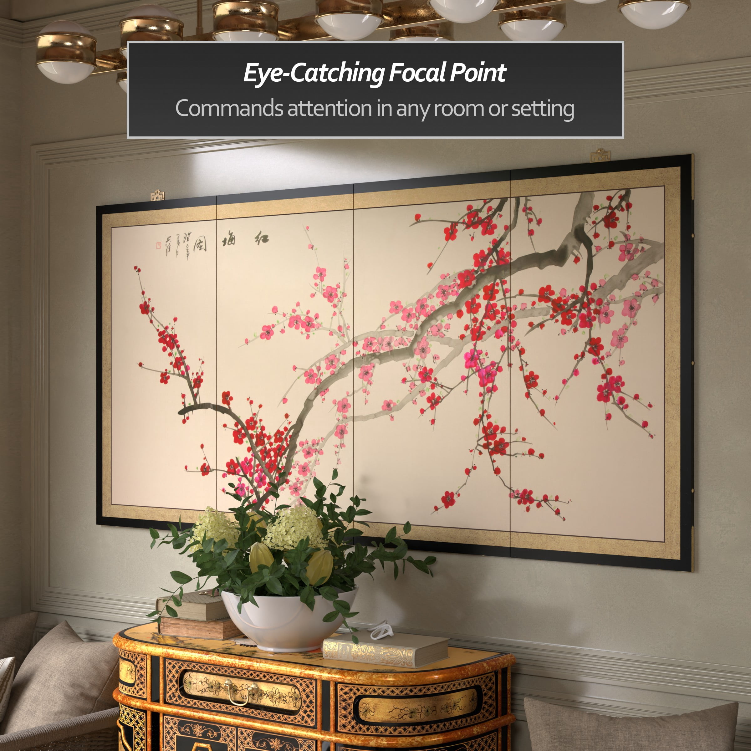 6ft. Long Handpainted Chinese Silk Wall Art Screen - Plum Tree Blossoms