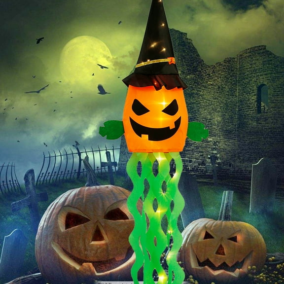 BUTORY Halloween Windsock Pumpkin Skeleton Hand Flag with String Lights,Halloween Hanging Decor for Patio Garden Pathway Party Decorations