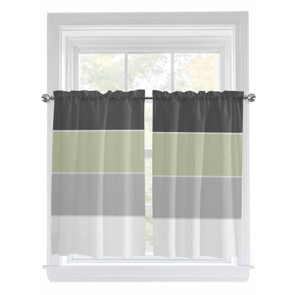 Tier Curtains 45 Inches Long, Grey Green Striped Window Treatment Curtain Drapes, Farmhouse Modern Window Half Privacy Curtains for Bedroom Bathroom, 42"x45", 2 Panels