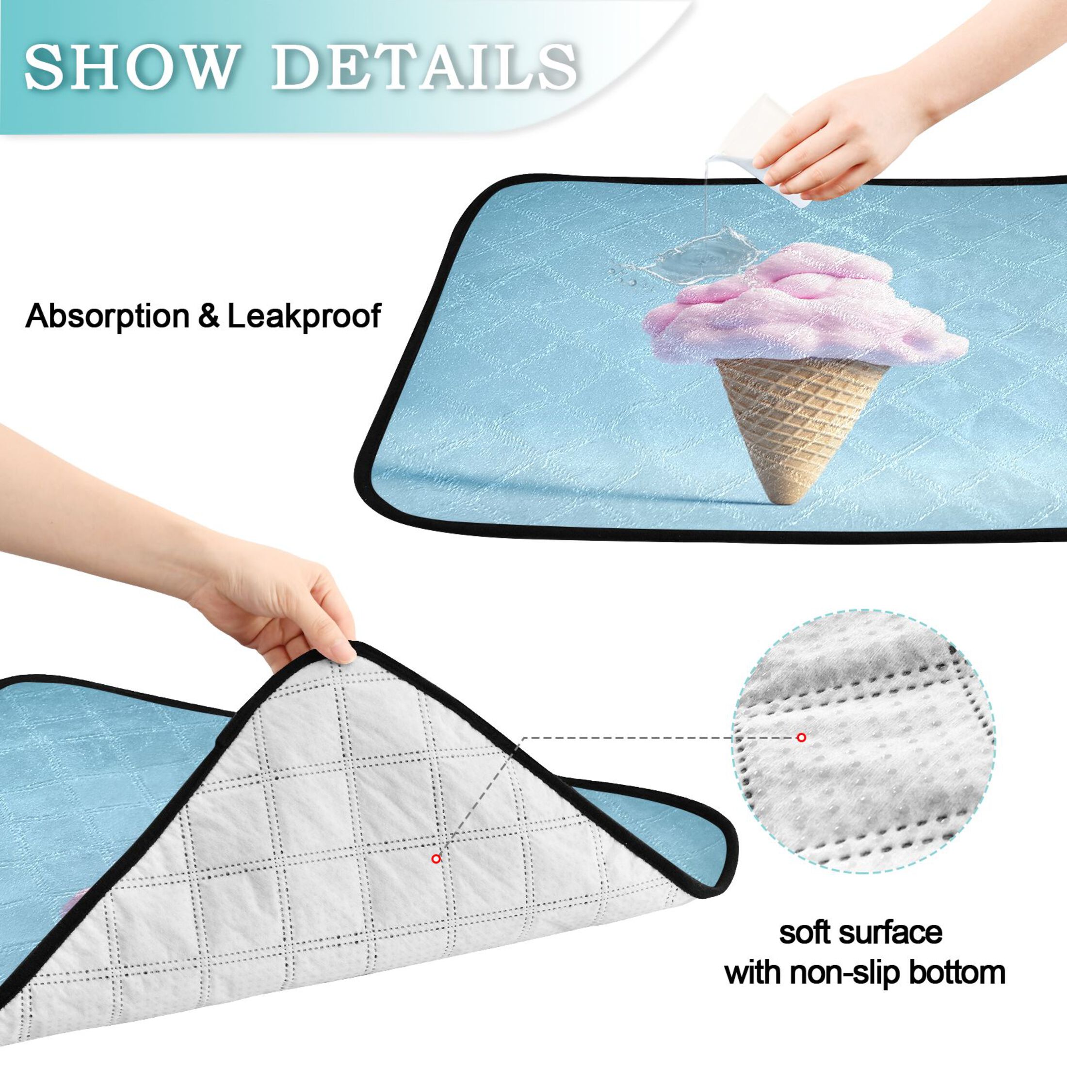Washable Pet Pee Pads with Super Absorbent Reusable Training Pads for Dogs & Cats Pink Ice Cream Cone
